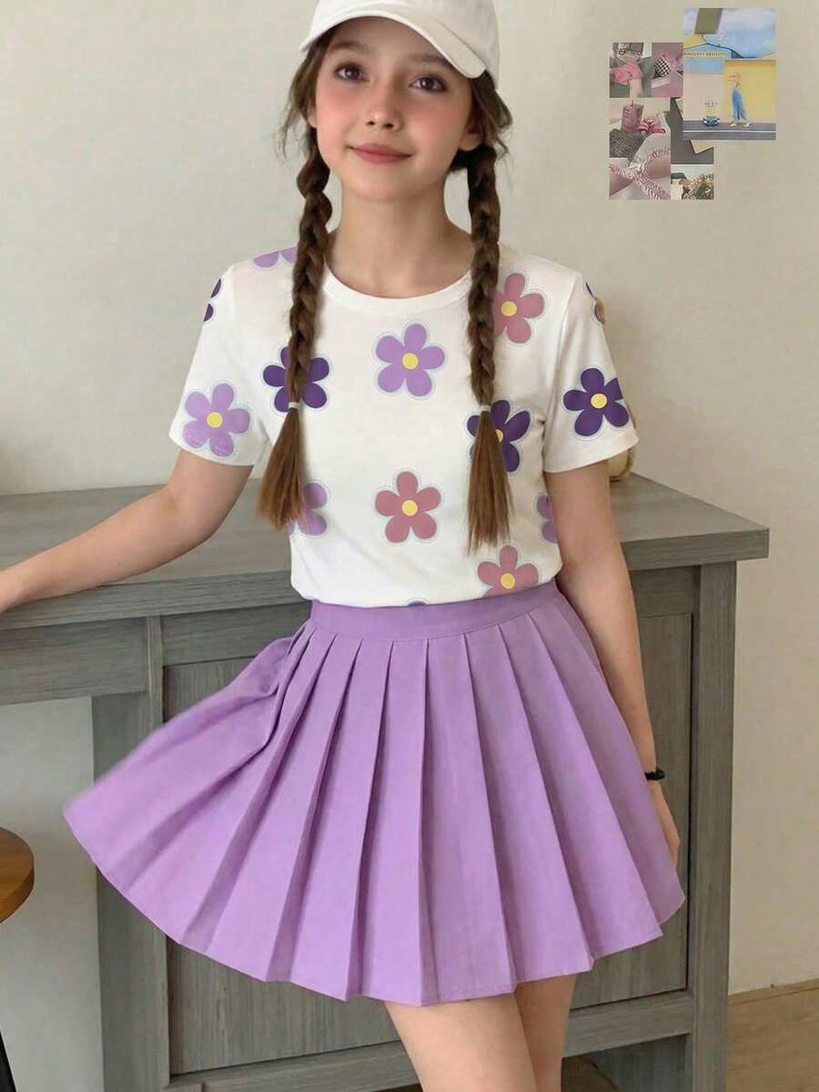 SHEIN 两件套：少女白色上衣，饰有3D情人节红色爱心图案T恤，搭配红色百褶裙 - 彩色 - 查看 1