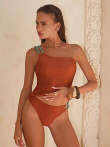 Swim Chiccia 女士纯色吊带背心 2026 春假穿搭 夏季海滩度假装扮 橙色泳装 女士单肩泳装 橙色比基尼套装 单肩比基尼 女士橙色泳装 - 棕色 - 查看 5