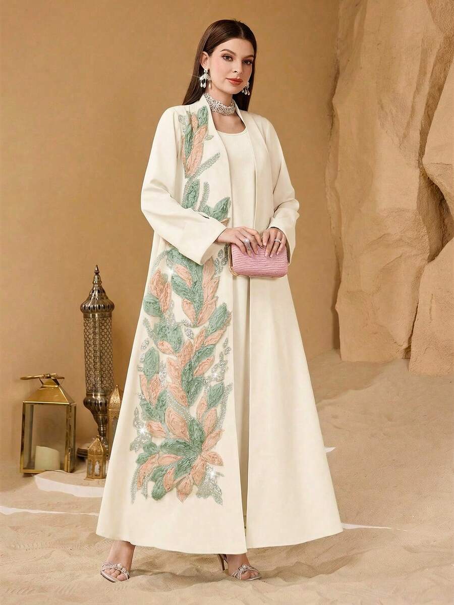 SHEIN Najma 两件套女士优雅宽松定制贴花拼接时尚休闲套装 - 杏色 - 查看 1