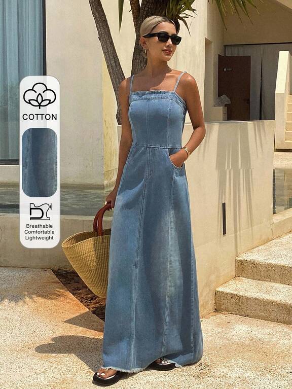 tall denim dress SHEIN Women's Casual Front Button Sleeveless Dress, Tall Women Stretch cotton denim that moves with you Women Denim DressesDAZY