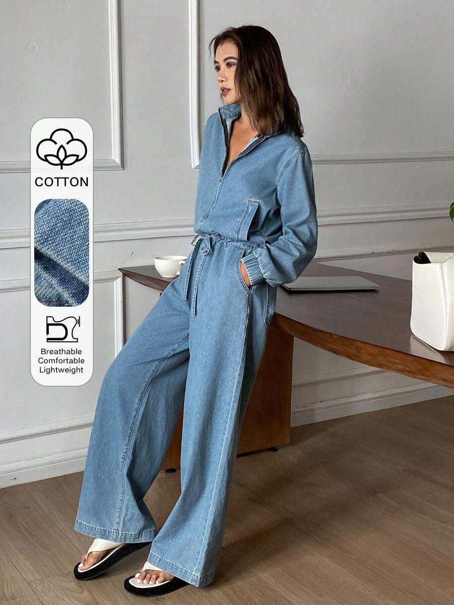 DAZY Women's Lapel Half-Zip Waist Tie Loose Straight Leg Jeans Jumpsuit & Overalls - Medium Wash - View 1