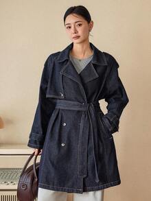 DAZY 女士翻领长袖收腰中长款休闲牛仔夹克外套