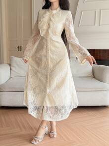 DAZY 女士优雅蕾丝领荷叶边长裙，春夏款