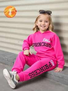SHEIN Young Girl 2pcs/Set Casual Hooded Sweatshirt With English Letter Print And Pants With Letter Pattern For Spring And Autumn - Hot Pink - View 1