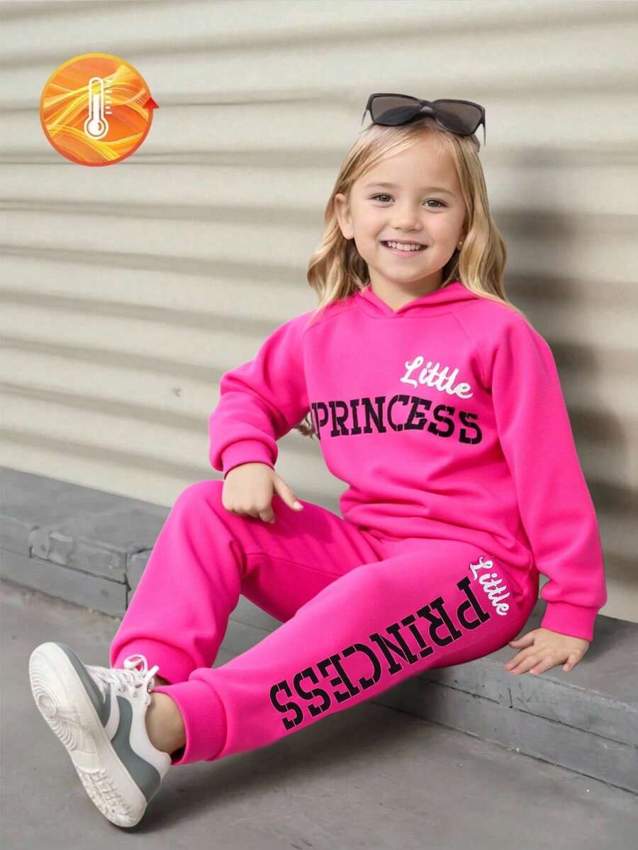 SHEIN Young Girl 2pcs/Set Casual Hooded Sweatshirt With English Letter Print And Pants With Letter Pattern For Spring And Autumn - Hot Pink - View 1