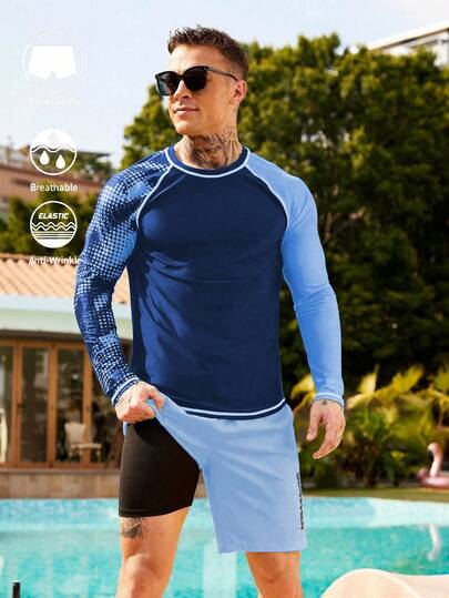 Manfinity KASUA 2pcs Men's Beach Vacation Casual Contrast Color Long Sleeve Top & Shorts Set
