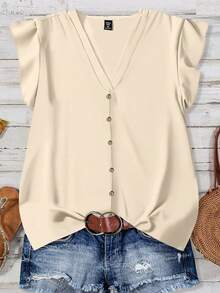 EMERY ROSE Plus Size Women V-Neck Polka Dot Single-Breasted Casual Versatile Daily Shirt, Suitable For Summer - Apricot - View 1