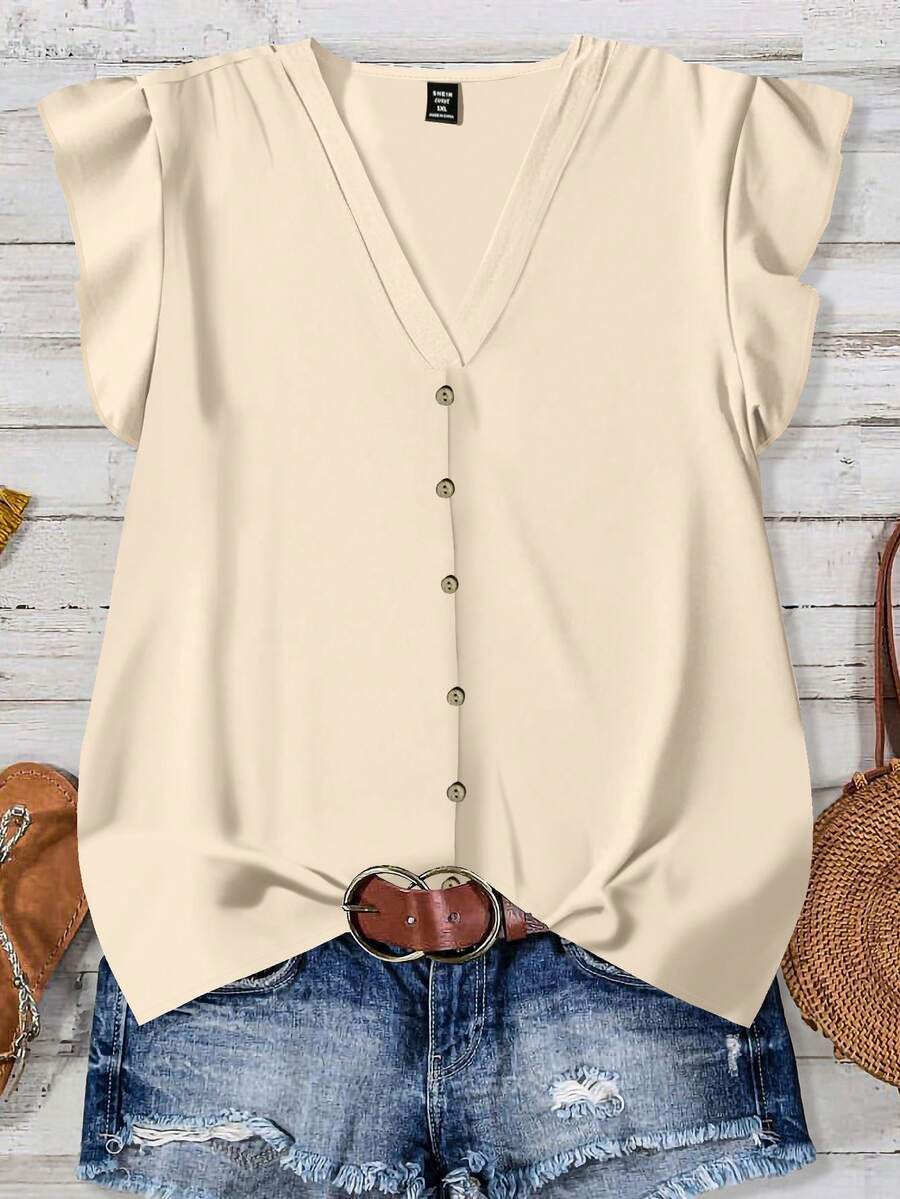 EMERY ROSE Plus Size Women V-Neck Polka Dot Single-Breasted Casual Versatile Daily Shirt, Suitable For Summer - Apricot - View 1