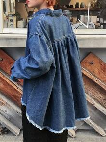 FRIFUL Women's Solid Color Minimalist Everyday Long Sleeve Denim Jacket - Dark Wash - View 7