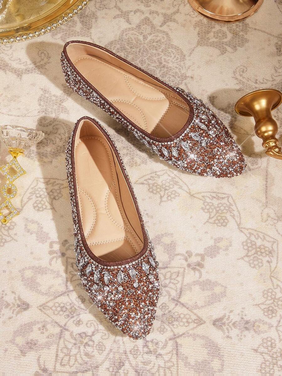 CUCCOO TILAWA Women's Fashionable Pointed Toe Flats With Rhinestones, Luxury Silver Color, Comfortable Casual Everyday Wear For Christmas Valentine's Day - Chocolate Brown - View 1