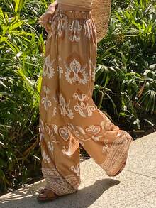 DAZY Floral Print Loose Wide Leg Pants, Casual Vacation Wear For Women, Spring/Autumn Boho Beach Tie Dye - Brown - View 7