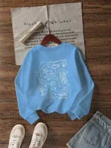 Sundraya 女士休闲度假通勤宽松圆领卫衣，饰有海洋生物标语印花，适合春秋季穿着 - 彩色 - 查看 2