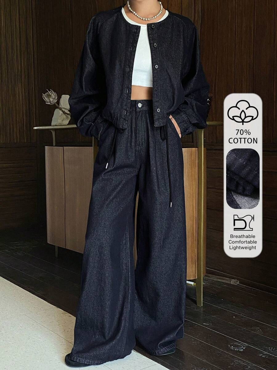 Livesso 女士休闲插肩袖宽松上衣和宽松牛仔裤套装 - 深色水洗藍 - 查看 1