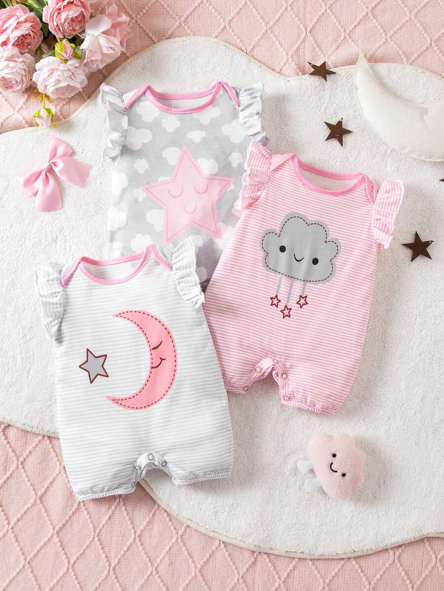 SHEIN Newborn Baby Girl Cute Summer Knitted Cartoon Pattern Plaid & Striped Short Sleeve Romper, Multi-Color - Multicolor - View 1
