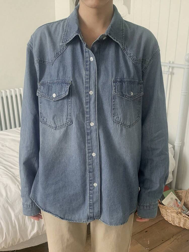 Vintage Style Lapel Single-Breasted Loose Versatile Double Pocket Long Sleeve Women Denim Blouse