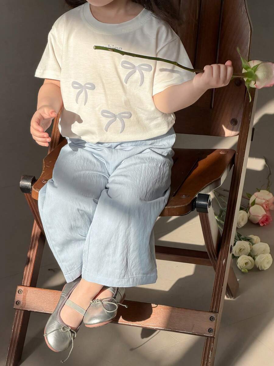 DAZY Baby Girls' Round Neck Bow Print Short Sleeve T-Shirt And Casual Loose Pants Set - White - View 1