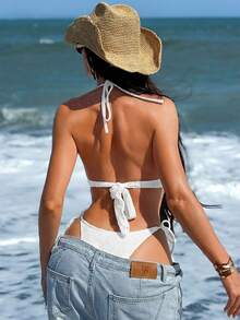 Swim SXY Conjunto de traje de baño minimalista de unicolor con cuello de halter para mujer - Blanco - Ver 2