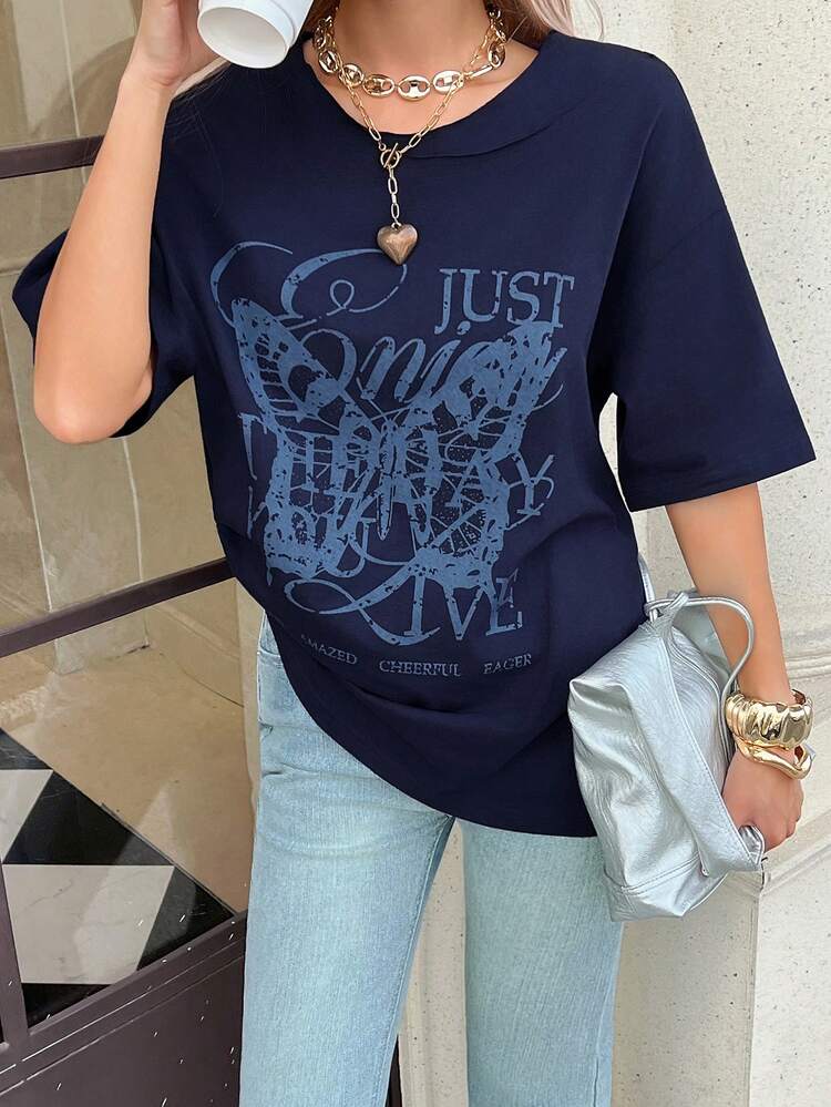 Women's Letter & Butterfly Print Loose Fit Round Neck Drop Shoulder T-Shirt