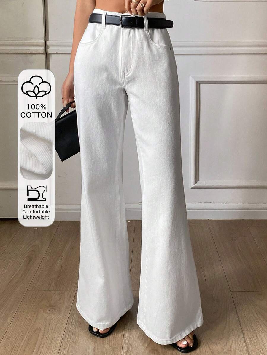 DAZY 女士低腰喇叭牛仔裤，休闲性感白色牛仔裤 - 白色 - 查看 1