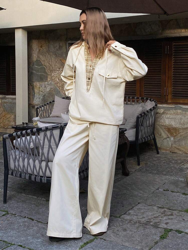 Women's Plaid Patchwork Loose Long Shirt And Wide Leg Jeans Casual Two Pieces Suit