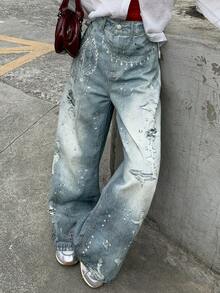 DAZY Quần jeans nữ cạp thường, in họa tiết trang trí, dáng suông, rộng rãi, phong cách Y2K - Rửa trung bình - Xem 5