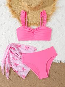 SHEIN 少女夏季沙滩纯色荷叶边吊带背心上衣和吊带泳裤套装，含迷你裙 - 粉色 - 查看 6