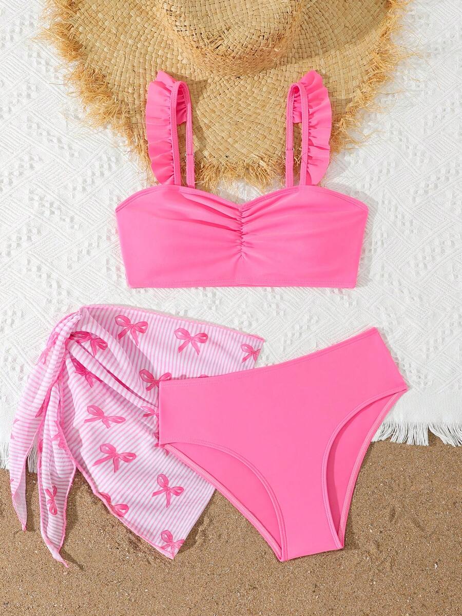 SHEIN Teen Girl Summer Beach Holiday Neon Pink Solid Ruffle Hem Tankini Top&Bottom Set With Mini Sarong Skirt,Girls 3pcs Bikini Swimwear Bathing Suits Set