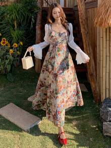 DAZY 女士花卉印花优雅中长款派对连衣裙 - 米色 - 查看 4