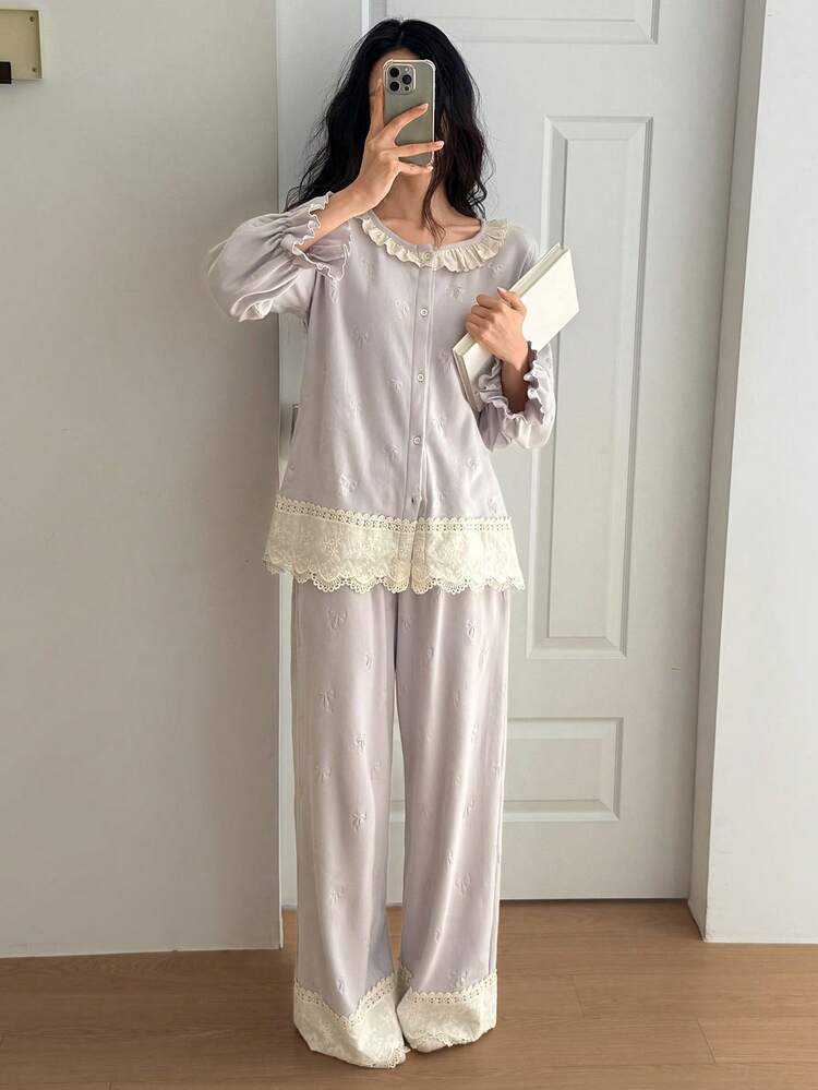Spring Sweet Brushed Fabric Bow Decor Embroidery Ruffle Patchwork Women Pajama Set