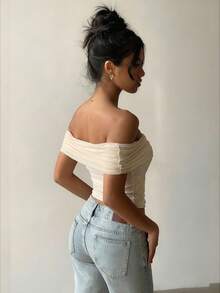 Aloruh Women's Solid Color Mesh Patchwork Embroidered Elegant Off-Shoulder Top - Apricot - View 2