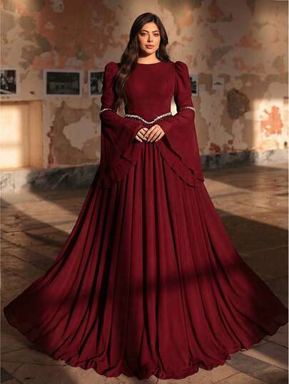 Aureia Plus Size Elegant Romantic Angora Red Round Neck Bell Sleeve Waist Sequins Embellished Knit & Chiffon Patchwork A-Line Dress, Suitable For Wedding, Party, Formal Occasion (Heavily Embellished Design)