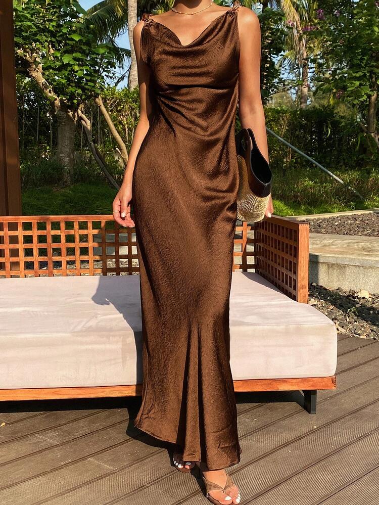 Solid Color Fitted Backless Tie Waist Elegant Vacation Dress For Women, Spring/Summer Maxi Dress Sundress