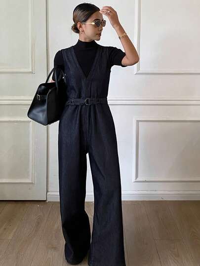 DAZY 西部牛仔风纯色宽松V领无袖吊带阔腿裤配腰带，优雅复古牛仔背带裤连体裤，适合秋冬季穿着