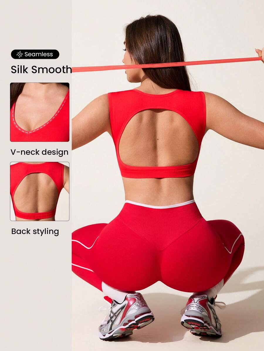 Core Rhythm Women's Solid Color Cutout Back Cropped Sports Tank Top - Red - View 1