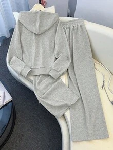 Resyla Bộ 2 món áo hoodie thể thao thêu hình ngựa có khóa kéo và quần ống rộng cạp rút cho nữ, Xuân/Thu - Xám - Xem 2