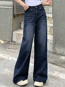 DAZY 女士休闲日常通勤时尚做旧阔腿宽松蓝色牛仔裤 - 藍色 - 查看 5