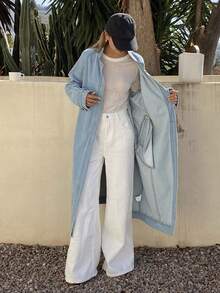 DAZY 女士立领长款系带休闲牛仔夹克外套 - 淺色水洗藍 - 查看 4