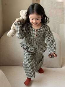 DAZY 2 pièces Ensemble de chemise et pantalon d'intérieur pour bébé fille, style coréen, col rond, carreaux, confortable - Noir et Blanc - Voir 2