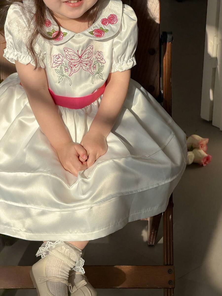 DAZY Vestido de verano lindo y elegante para niña pequeña con bordado de flores y mariposas, mangas abultadas y lazo en la cintura, ropa para niñas pequeñas - Blanco - Ver 1