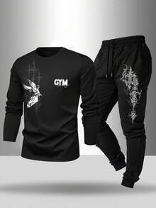 Manfinity Sport Corelite 男士圆领天使字母印花长袖上衣搭配抽绳腰长裤，休闲日常户外运动套装 - 黑色 - 查看 1