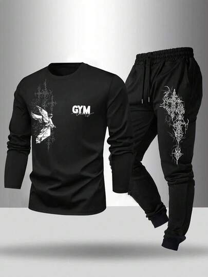 Manfinity Sport Corelite 男士圆领天使字母印花长袖上衣搭配抽绳腰长裤，休闲日常户外运动套装