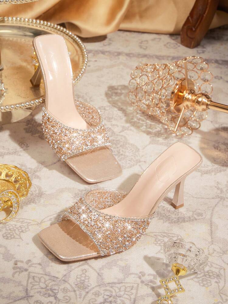 CUCCOO TILAWA Champagne Color Rhinestone Embellished Square Toe Transparent Strap Slip-On High Heel Sandals, Fashionable, Glamorous, Sexy Party Heels For Women Valentine's Day