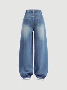 SHEIN Girlism 少女Y2K宽松休闲牛仔裤，带口袋和阔腿设计，适合暑假穿着 - 中等水洗藍 - 查看 2