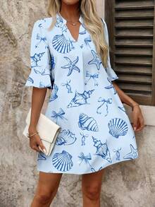 SHEIN Clasi Women's V-Neck Starfish & Shell Print Casual Vacation Mini Dress - Baby Blue - View 3