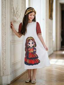 Young Girl's Loose Casual Maxi Dress With Gold Collar Flower, Bell Sleeves And Gold Trim - Multicolor - View 10