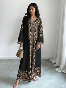 SHEIN Najma Women's Floral & Plant Digital Print V-Neck Long Sleeve Elegant Arabic Style Dress, Spring/Autumn