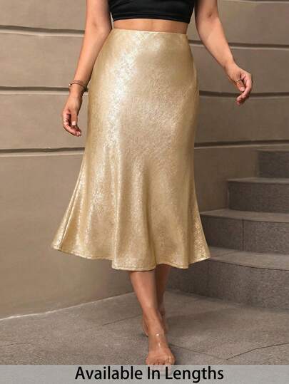 SHEIN PETITE CURVE Plus Size Women Solid Color High Waist Mermaid Hem Elegant Skirt