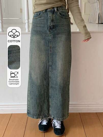 DAZY 复古高腰开衩直筒水洗牛仔女裙