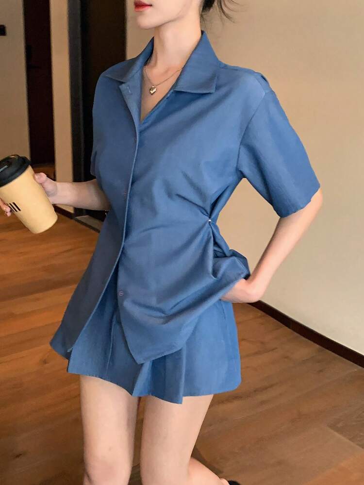 Women's Collared Short Sleeve Blouse & Mini Skirt 2 Pieces Set, Fresh Korean Style