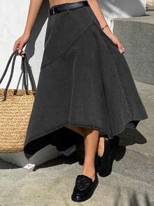 Livesso 宽松休闲度假复古水洗时尚不对称下摆拼接轻薄户外女式牛仔迷你裙，春夏款 - 深灰色 - 查看 6